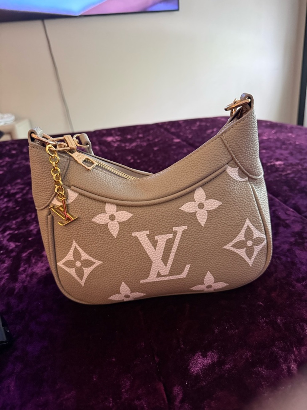 Source Unknown Taupe Shoulder Bag with Pink Monogram and Gold Charm